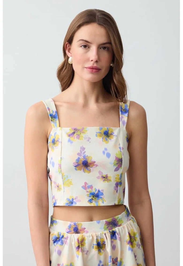 Top crop cu imprimeu floral, Lila/Albastru deschis/Crem