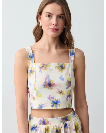 Top crop cu imprimeu floral, Lila/Albastru deschis/Crem