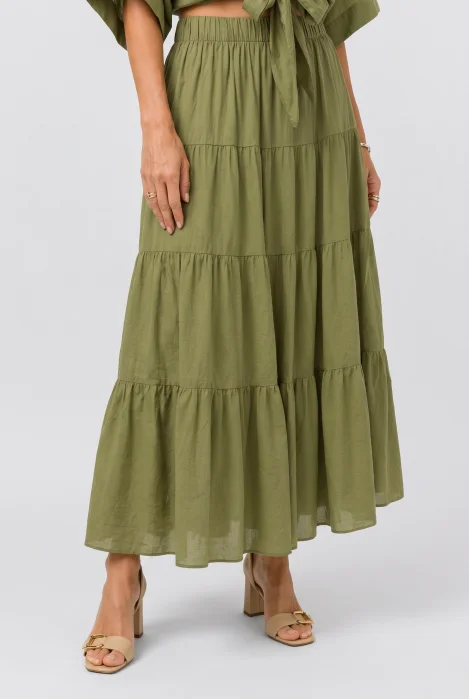 Fusta lunga din bumbac cu volane si talie elastica, verde olive