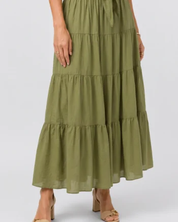 Fusta lunga din bumbac cu volane si talie elastica, verde olive
