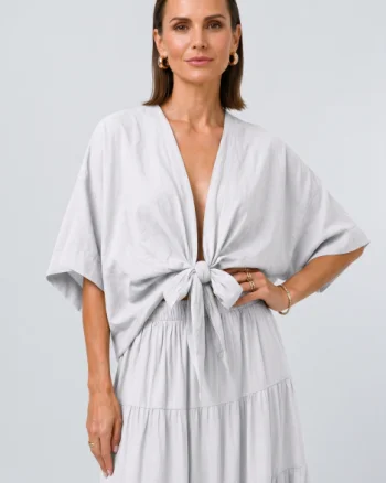 Blazer tip kimono din bumbac fin cu inchidere prin innodare, alb