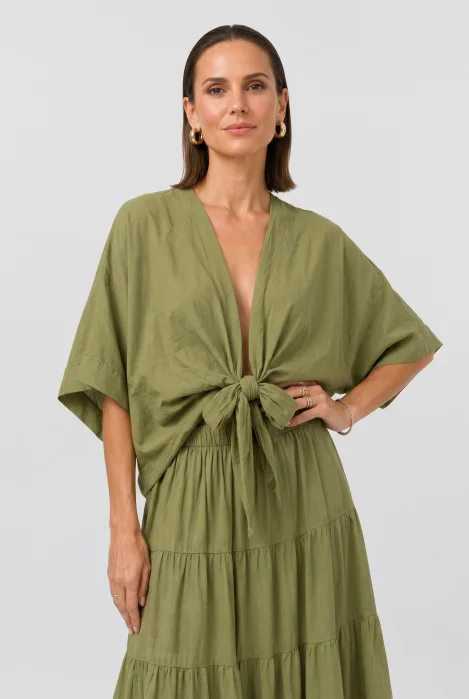 Blazer tip kimono din bumbac fin cu inchidere prin innodare, verde olive