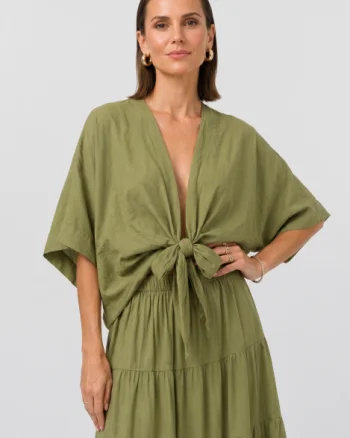 Blazer tip kimono din bumbac fin cu inchidere prin innodare, verde olive