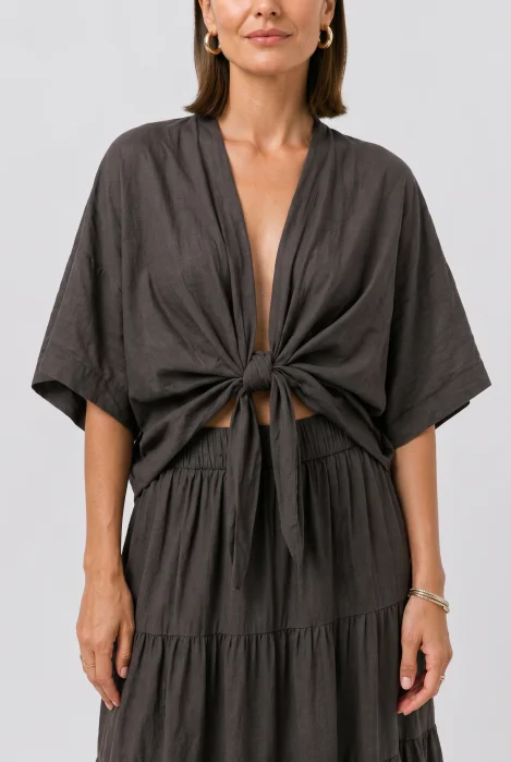 Blazer tip kimono din bumbac fin cu inchidere prin innodare, maro