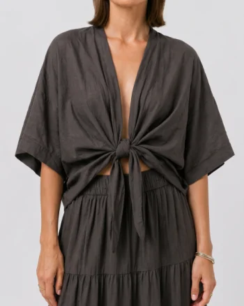 Blazer tip kimono din bumbac fin cu inchidere prin innodare, maro
