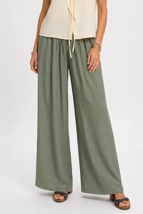 Pantaloni dama palazzo din vascoza cu talie elastica si curea, kaki