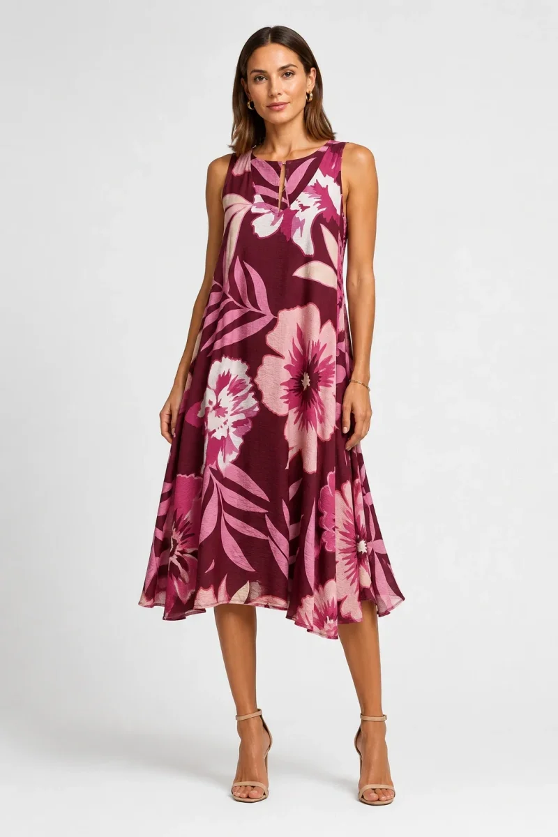 Rochie midi din vascoza cu imprimeu floral si croi asimetric roz bordo