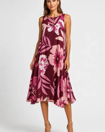 Rochie midi din vascoza cu imprimeu floral si croi asimetric roz bordo