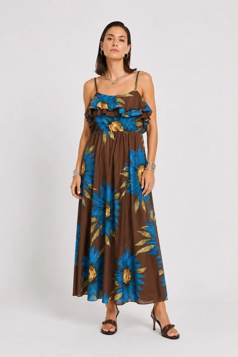 Rochie lunga din bumbac subtire cu volan pe piept siimprimeu floral, maro