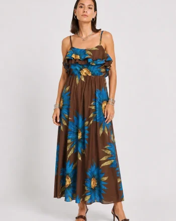 Rochie lunga din bumbac subtire cu volan pe piept siimprimeu floral, maro