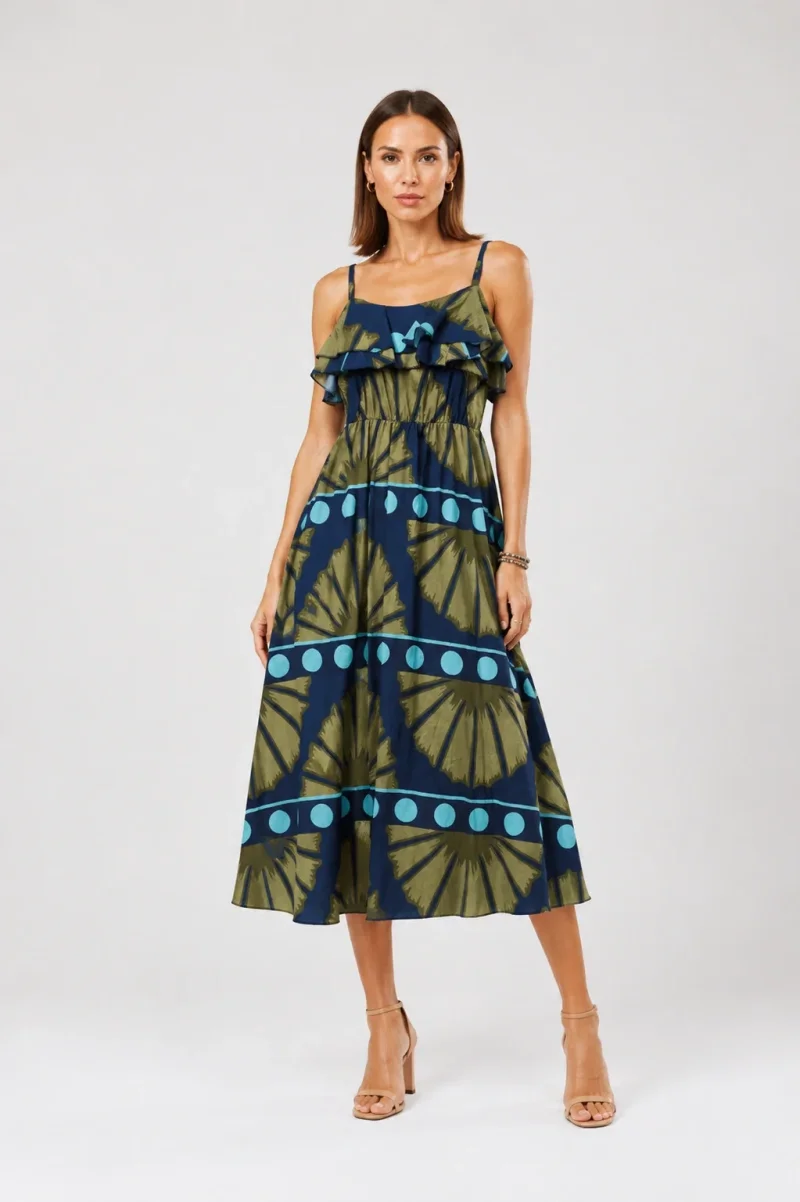Rochie lunga din bumbac subtire cu volan pe piept siimprimeu abstract, bleumarin