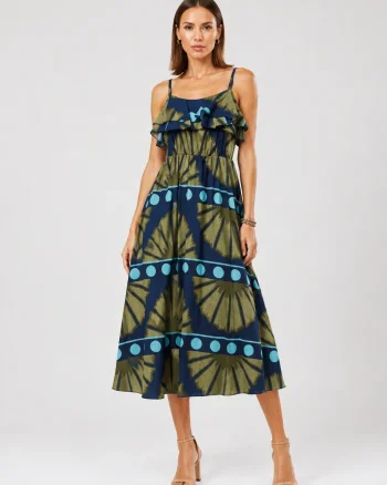 Rochie lunga din bumbac subtire cu volan pe piept siimprimeu abstract, bleumarin