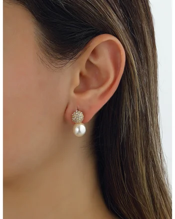Cercei cu tija, perle sintetice si zirconia, Alb/Auriu