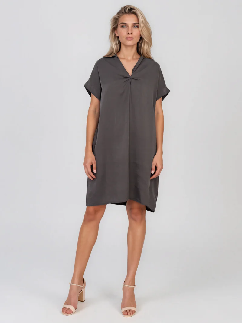 Rochie casual cu nod în piept și buzunare gri/dark - Unica S-L