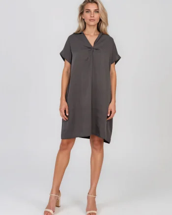Rochie casual cu nod în piept și buzunare gri/dark - Unica S-L