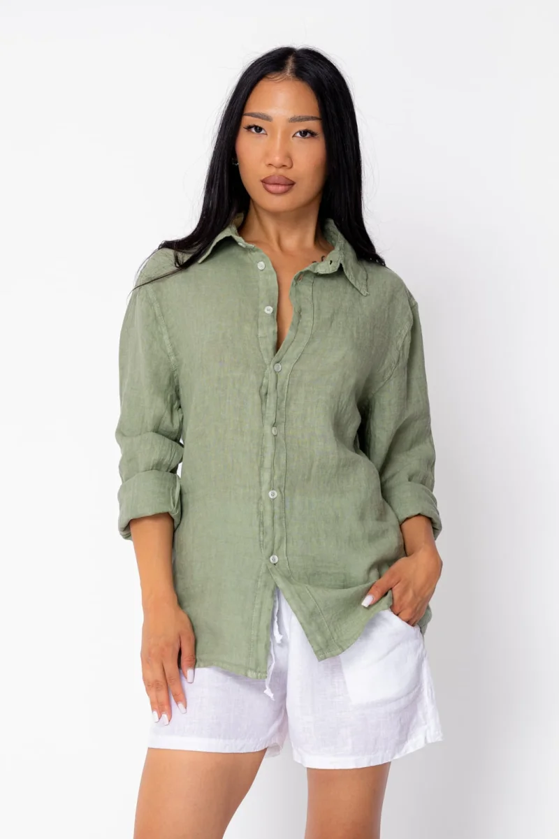 Camasa Boyfriend de plaja dIn 100% In Light Olive