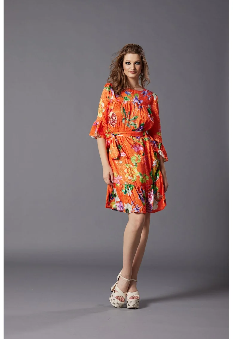 Rochie din amestec de matase cu imprimeu Saverna, Verde/Galben/Portocaliu mandarina