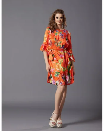 Rochie din amestec de matase cu imprimeu Saverna, Verde/Galben/Portocaliu mandarina