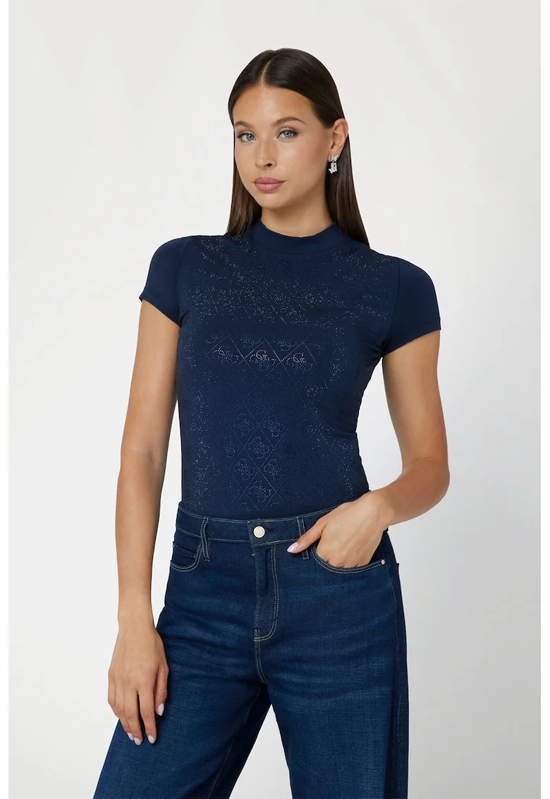 Tricou crop cu model monograma cu strasuri, Albastru indigo