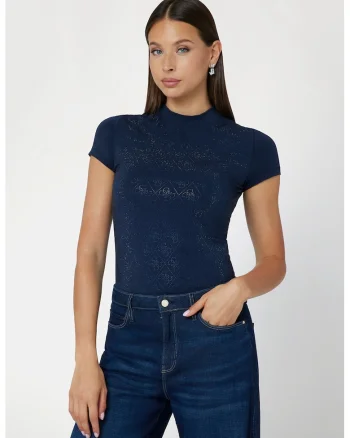 Tricou crop cu model monograma cu strasuri, Albastru indigo