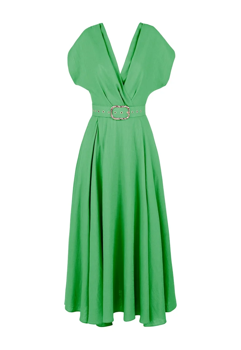 Rochie midi evazata cu o curea, Verde
