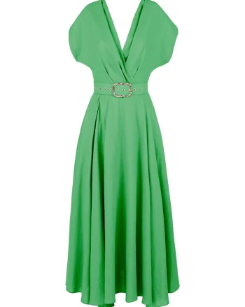 Rochie midi evazata cu o curea, Verde
