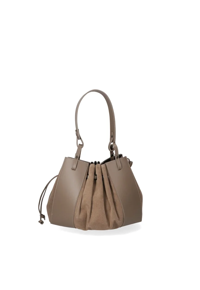 Geanta bucket din piele si piele intoarsa, Maro taupe