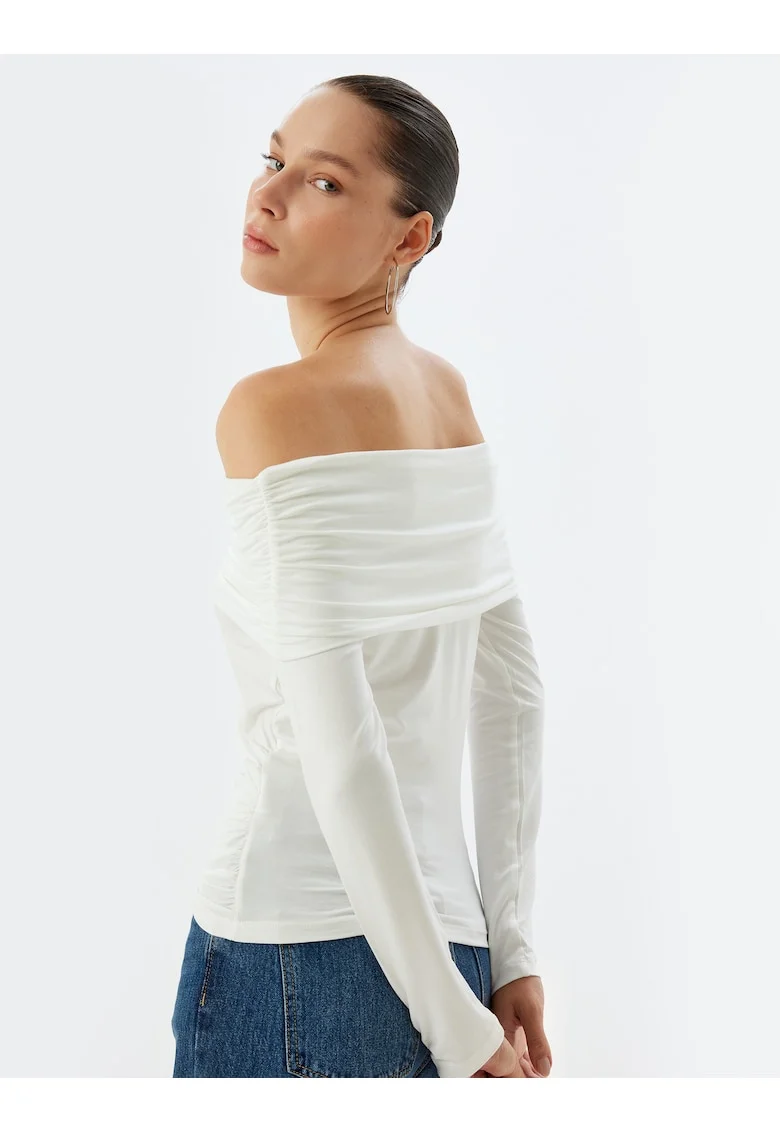 Bluza cu model uni si decolteu pe umeri, Alb fildes