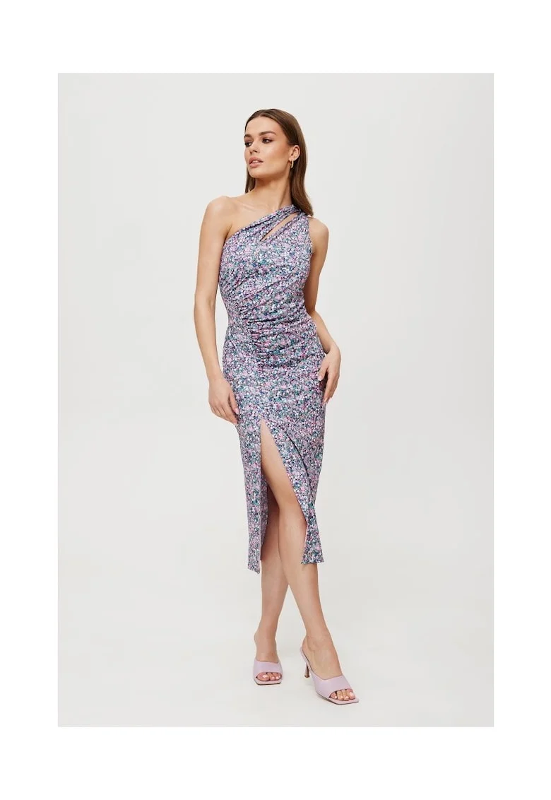 Rochie dama, midi cu imprimeu si decolteu in forma de lacrima, Poliester, Negru, Negru