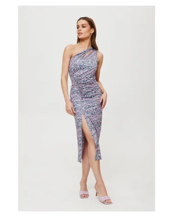 Rochie dama, midi cu imprimeu si decolteu in forma de lacrima, Poliester, Negru, Negru