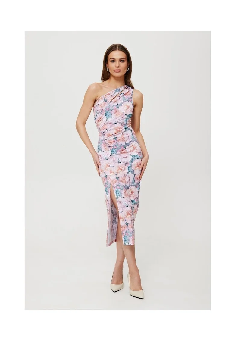 Rochie dama, midi cu imprimeu si decolteu in forma de lacrima, Poliester, Rosu, Rosu