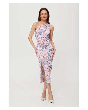Rochie dama, midi cu imprimeu si decolteu in forma de lacrima, Poliester, Rosu, Rosu