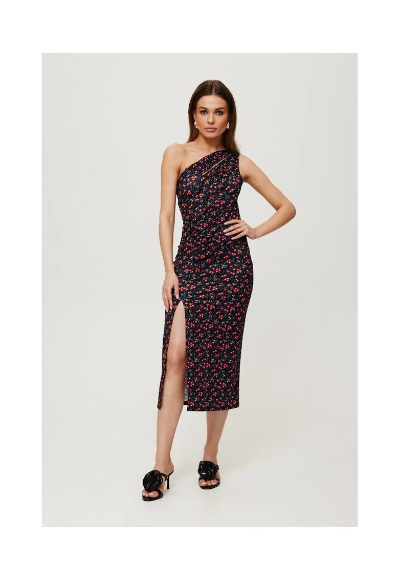 Rochie dama, midi cu imprimeu si decolteu in forma de lacrima, Poliester, Negru - 32878, Negru