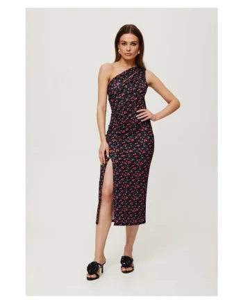 Rochie dama, midi cu imprimeu si decolteu in forma de lacrima, Poliester, Negru - 32878, Negru