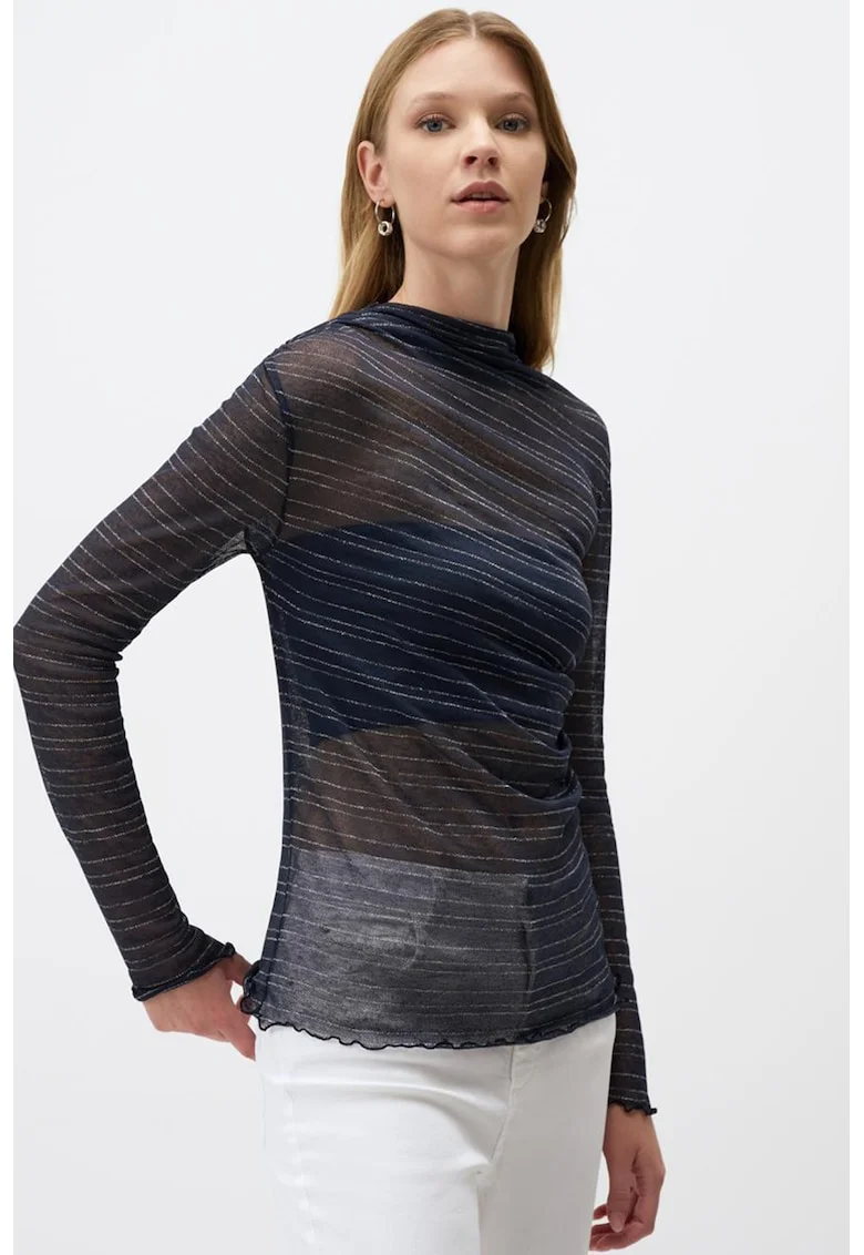 Bluza cu decolteu la baza gatului si model in dungi, Bleumarin