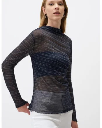 Bluza cu decolteu la baza gatului si model in dungi, Bleumarin