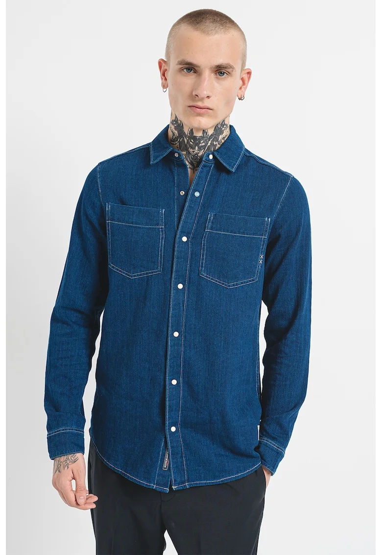 Camasa de denim cu cusaturi contrastante, Bleumarin
