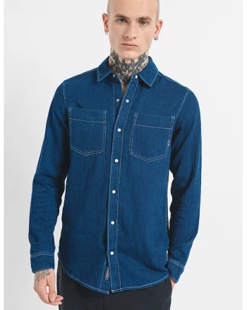 Camasa de denim cu cusaturi contrastante, Bleumarin