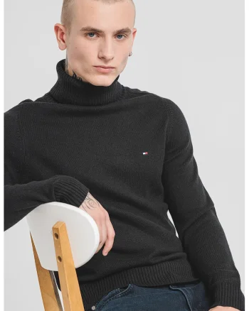 Pulover din lana cu guler inalt si logo discret, Negru