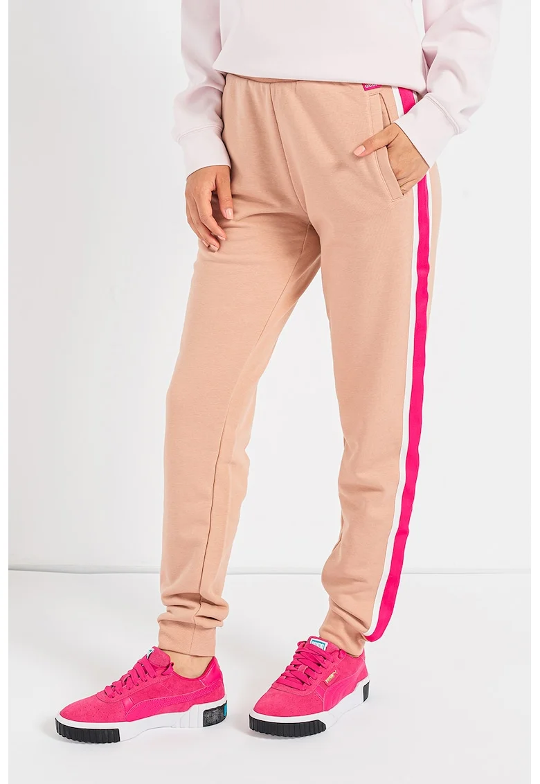 Pantaloni cu benzi laterale contrastante pentru fitness, Alb/Fucsia/Maro nisip