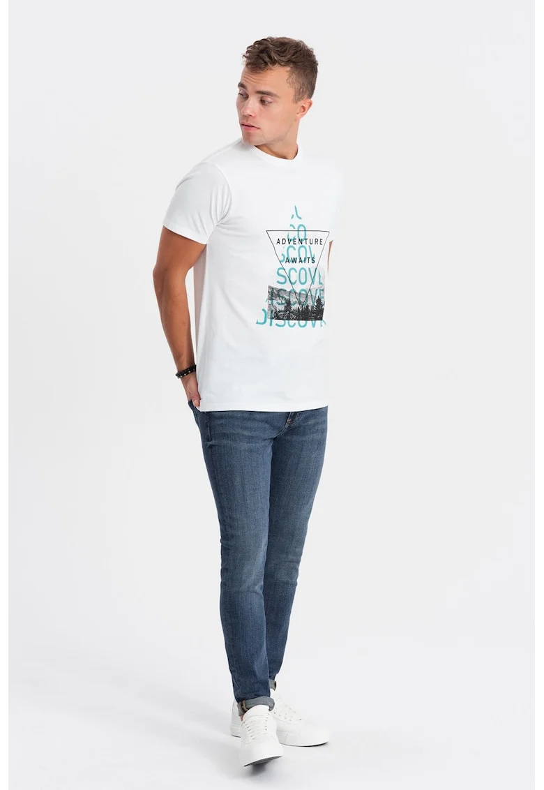 Tricou de bumbac cu imprimeu, Alb/Negru/Turcoaz