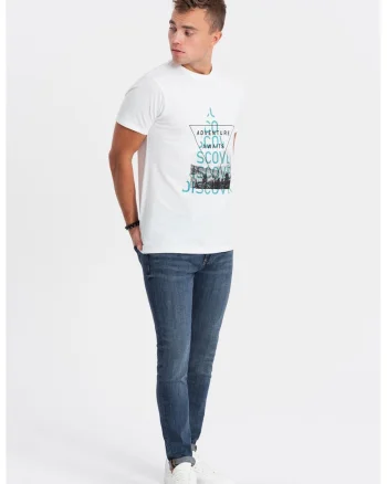 Tricou de bumbac cu imprimeu, Alb/Negru/Turcoaz