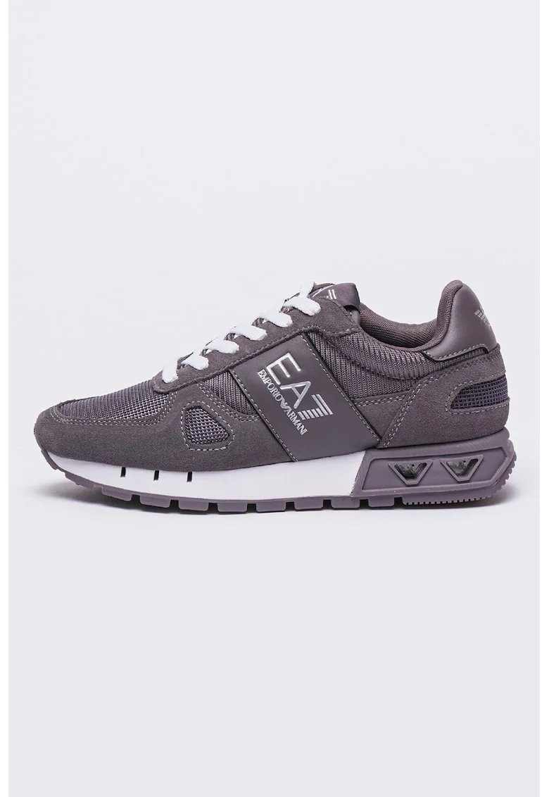 Pantofi sport cu insertii de piele intoarsa, Alb/Gri carbune