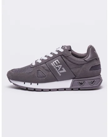 Pantofi sport cu insertii de piele intoarsa, Alb/Gri carbune