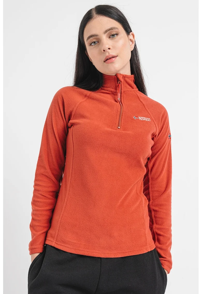 Bluza de trening din fleece cu fermoar scurt si maneci raglan, Caramiziu