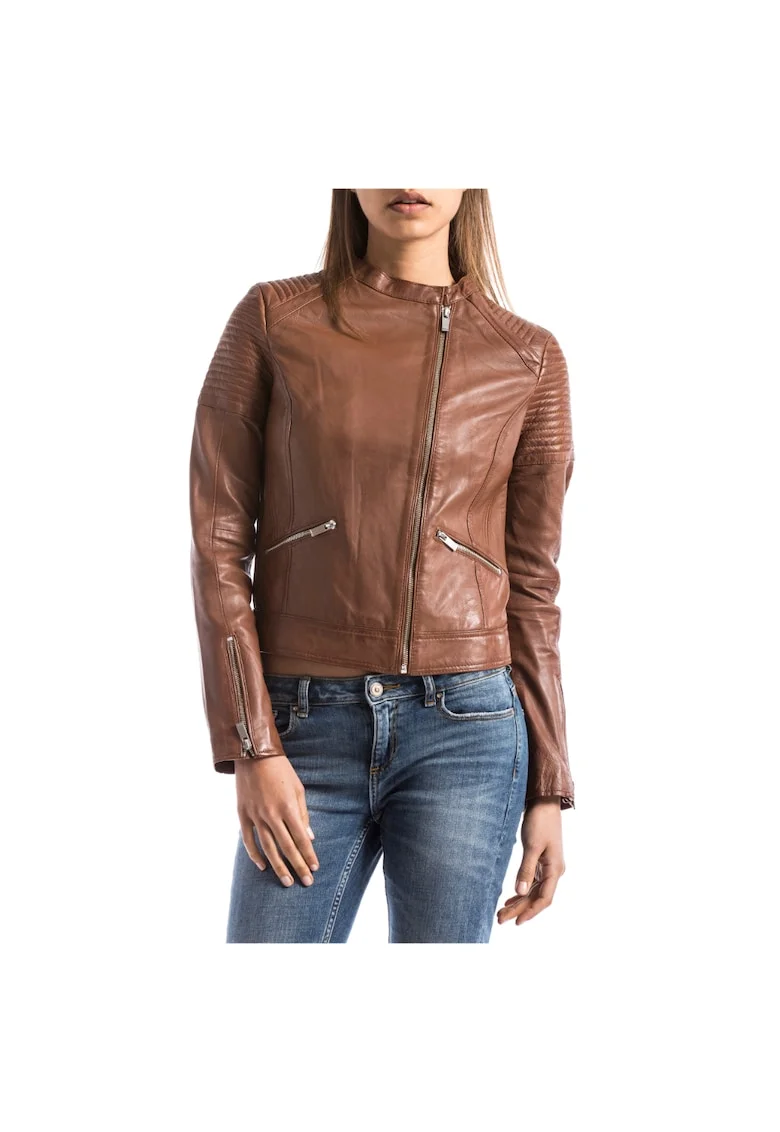 Jacheta biker cu fermoar  Din piele, Maro, Maro