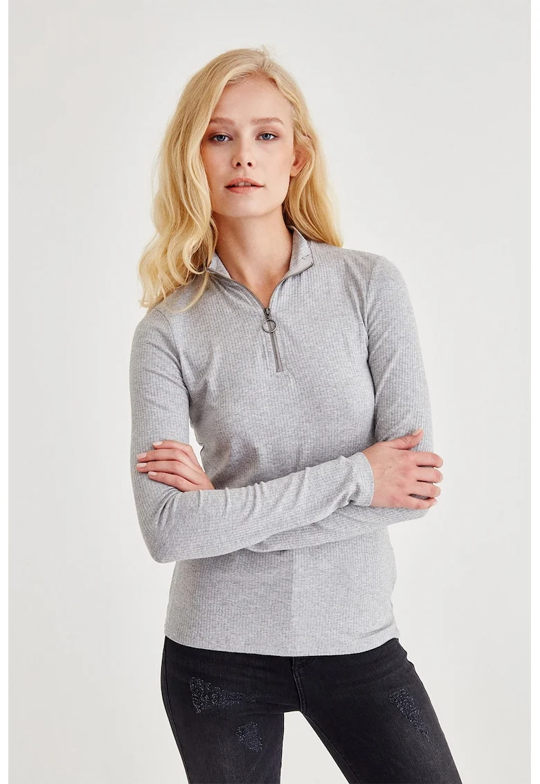 Bluza cambrata cu fermoar scurt, Gri melange