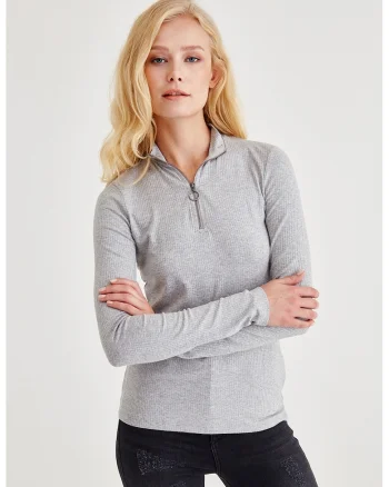 Bluza cambrata cu fermoar scurt, Gri melange
