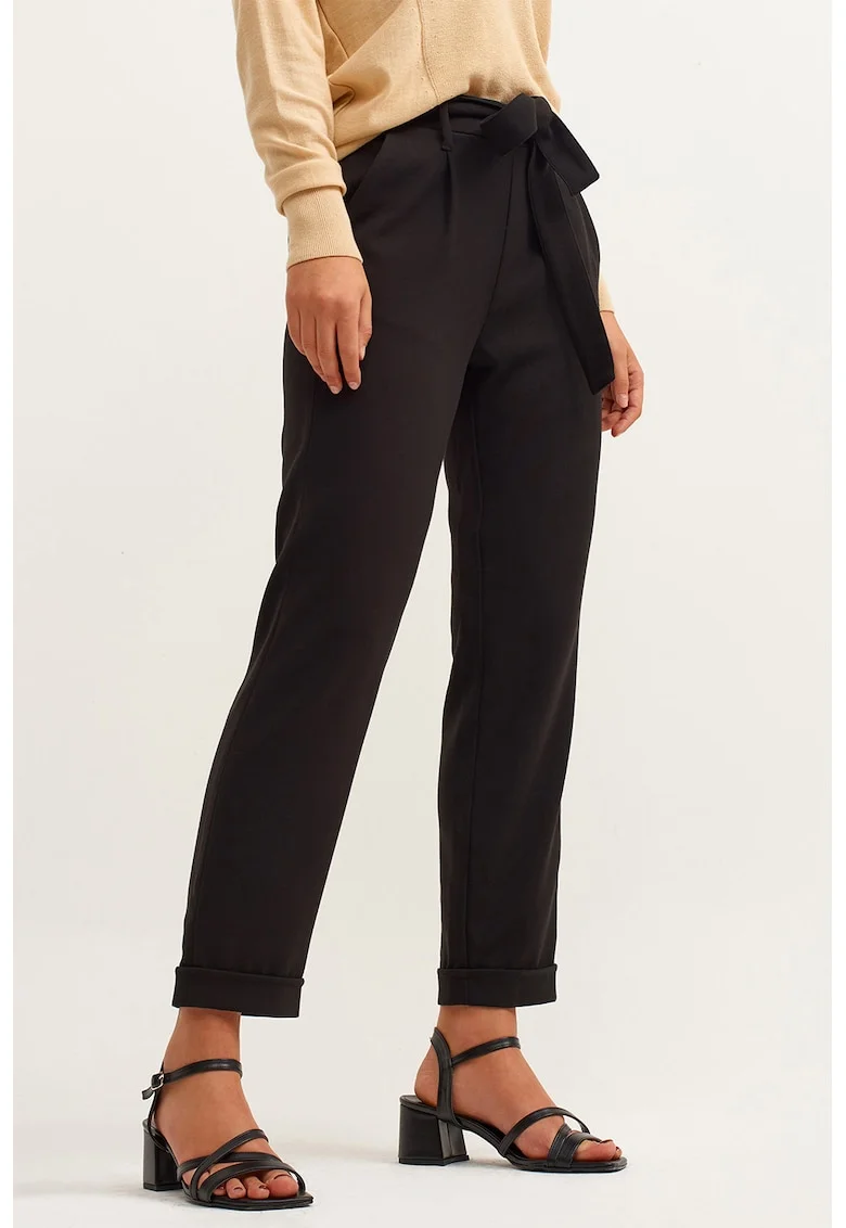 Pantaloni crop cu cordon in talie, Negru