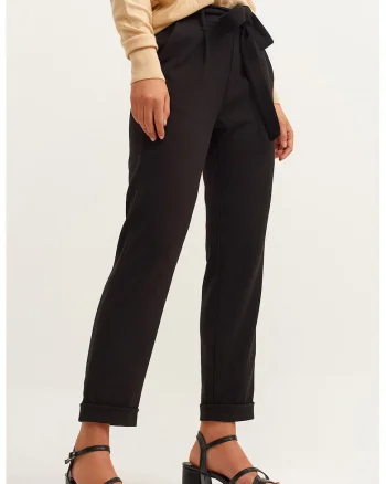 Pantaloni crop cu cordon in talie, Negru